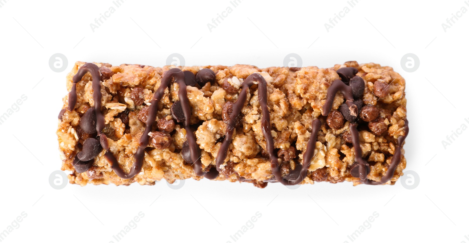 Image of Crunchy granola bar with chocolate on white background, top view