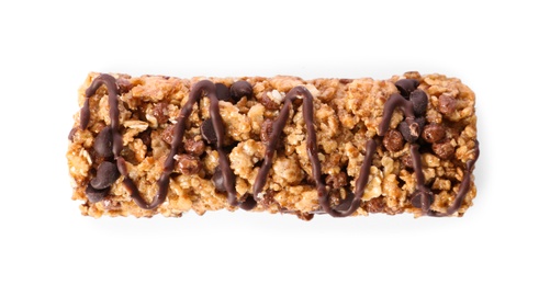 Crunchy granola bar with chocolate on white background, top view