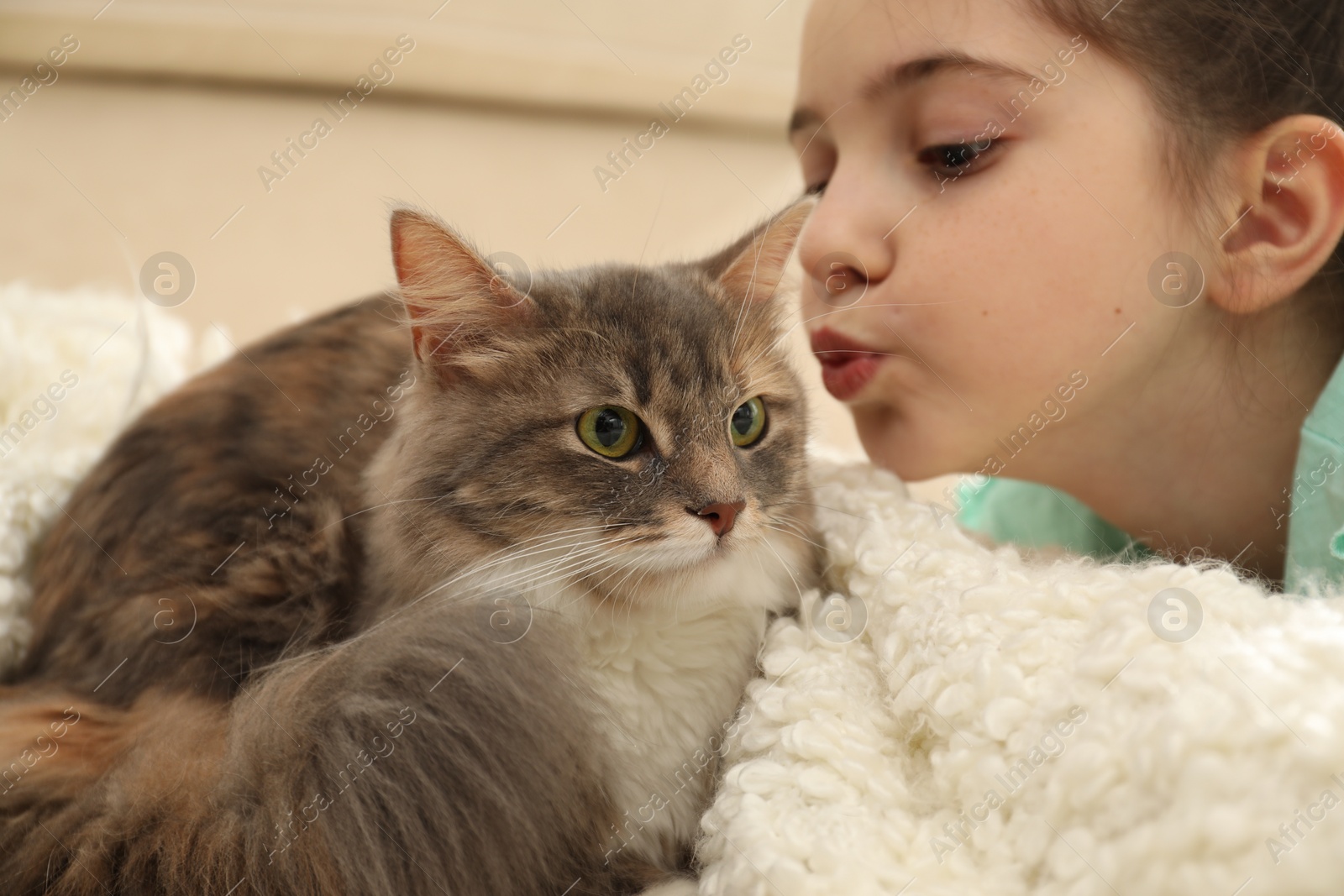 Photo of Cute little girl with cat at home, closeup. First pet