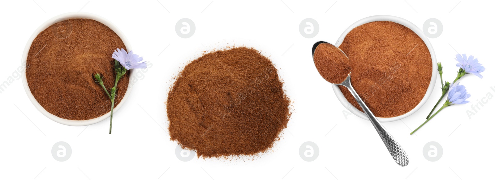 Image of Set with chicory powder on white background, top view. Banner design 