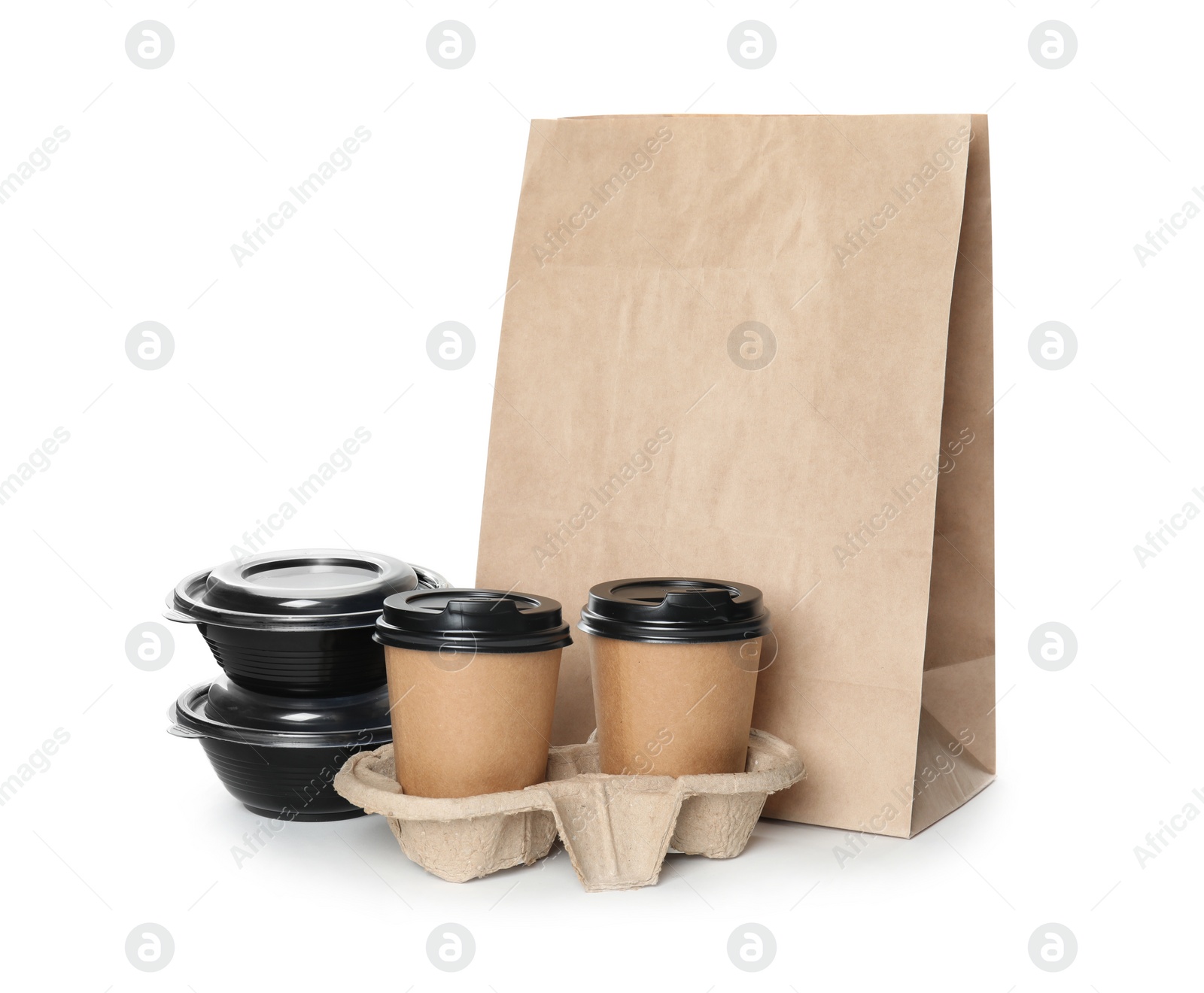 Photo of Different containers on white background, mockup for design. Food delivery