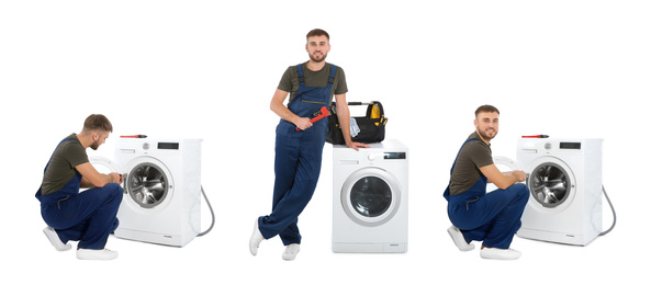 Image of Collage with photos of plumber on white background. Banner design 