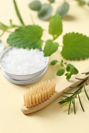 Bamboo toothbrush, sea salt and herbs on beige background, closeup
