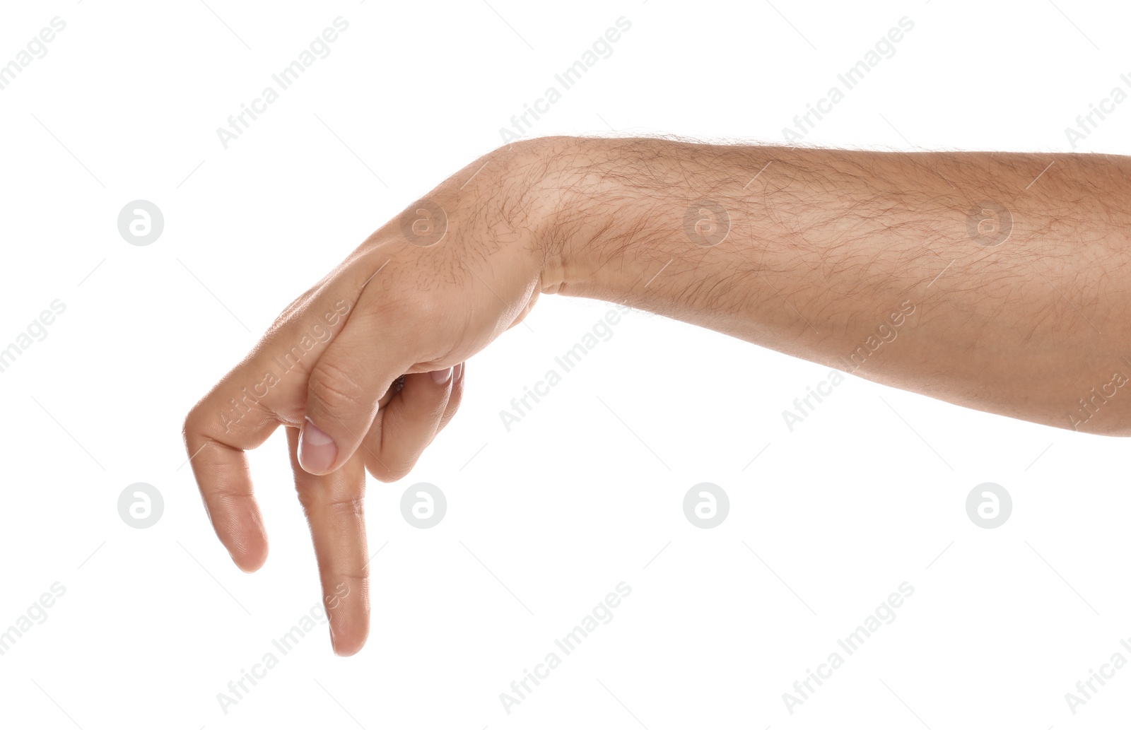 Photo of Man imitating walk with hand on white background, closeup. Finger gesture