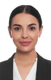 Image of Passport photo. Portrait of woman on white background