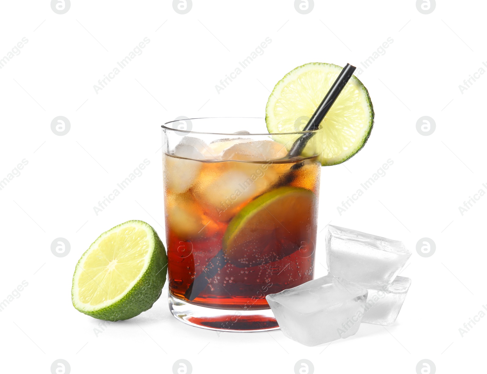 Photo of Glass of cocktail with cola, ice and cut lime on white background