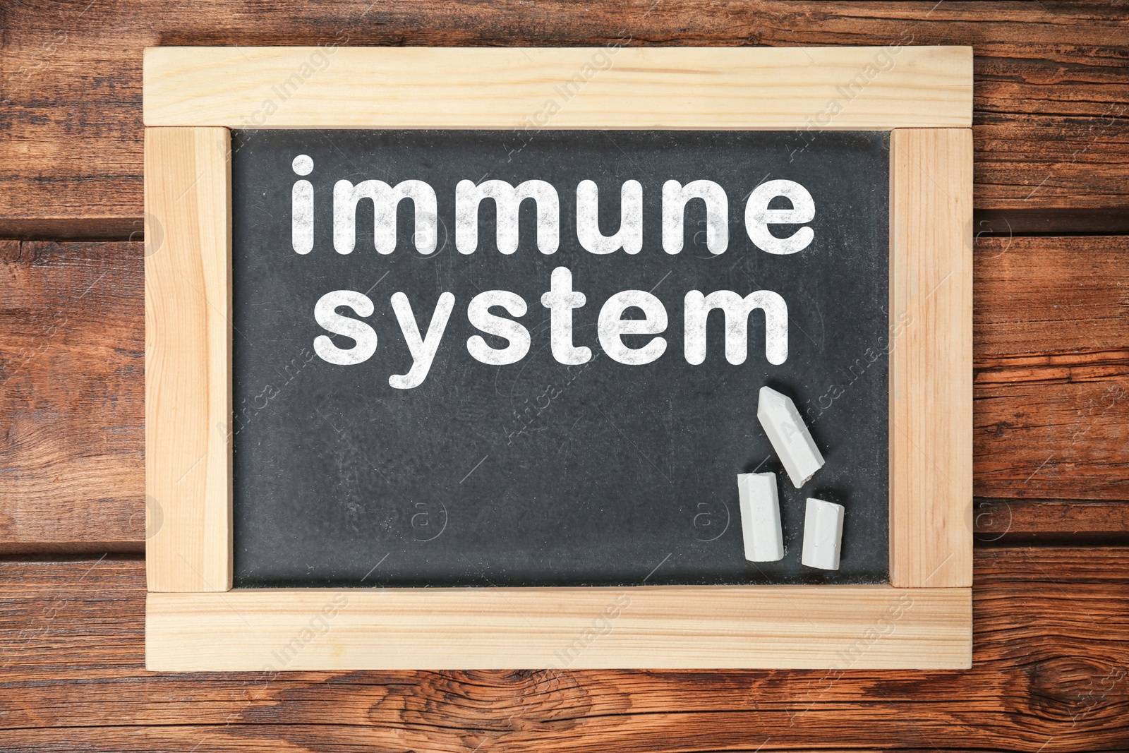 Image of Small blackboard with text Immune System and chalk on wooden background, top view