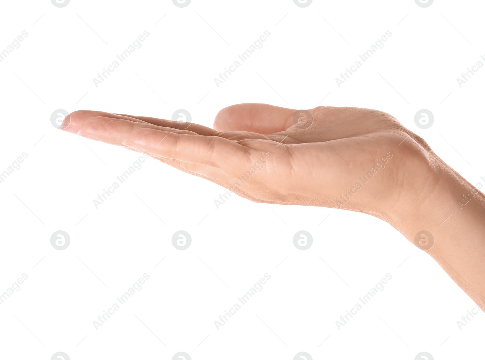 Photo of Woman holding something on white background, closeup of hand