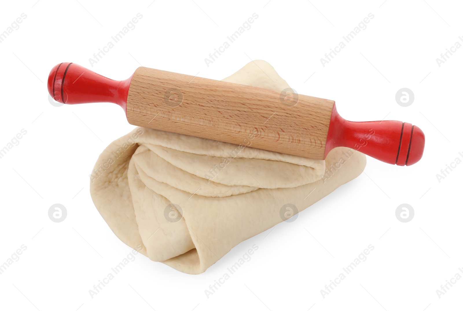 Photo of Raw dough and rolling pin isolated on white