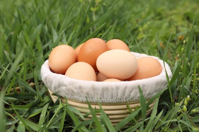 Fresh chicken eggs in basket on green grass outdoors