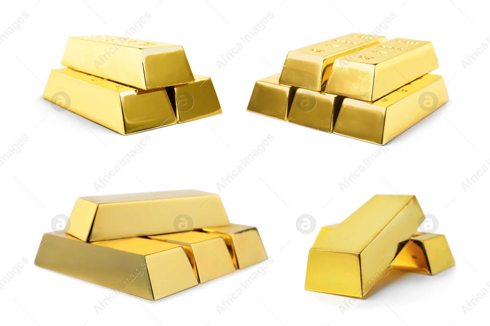 Image of Set of shiny gold bars on white background