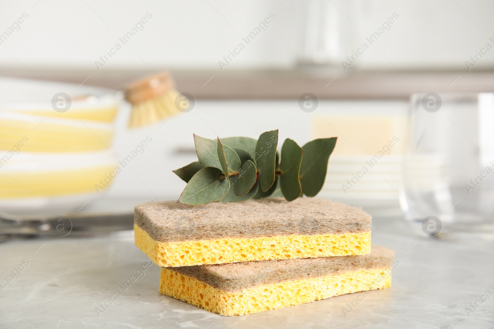 Photo of Cleaning sponges for dish washing and eucalyptus branch on grey marble table, closeup