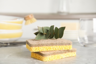 Photo of Cleaning sponges for dish washing and eucalyptus branch on grey marble table, closeup
