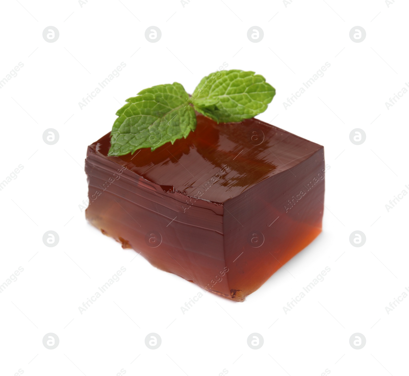 Photo of Delicious grass jelly cube with mint isolated on white