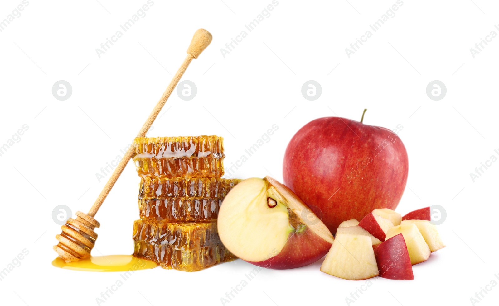 Image of Natural sweet honey and tasty fresh apples on white background