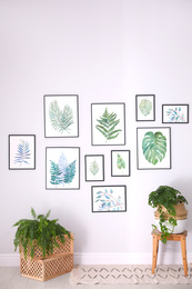 Beautiful paintings of tropical leaves on white wall in living room interior