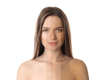 Solarium tan. Combined portrait of woman with different skin tones on white background