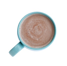 Photo of Delicious cocoa drink in blue cup on white background, top view