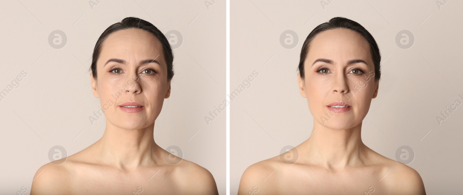 Image of Photo before and after retouch, collage. Portrait of beautiful mature woman on beige background, banner design