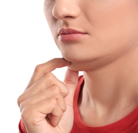 Photo of Young woman with double chin on white background, closeup