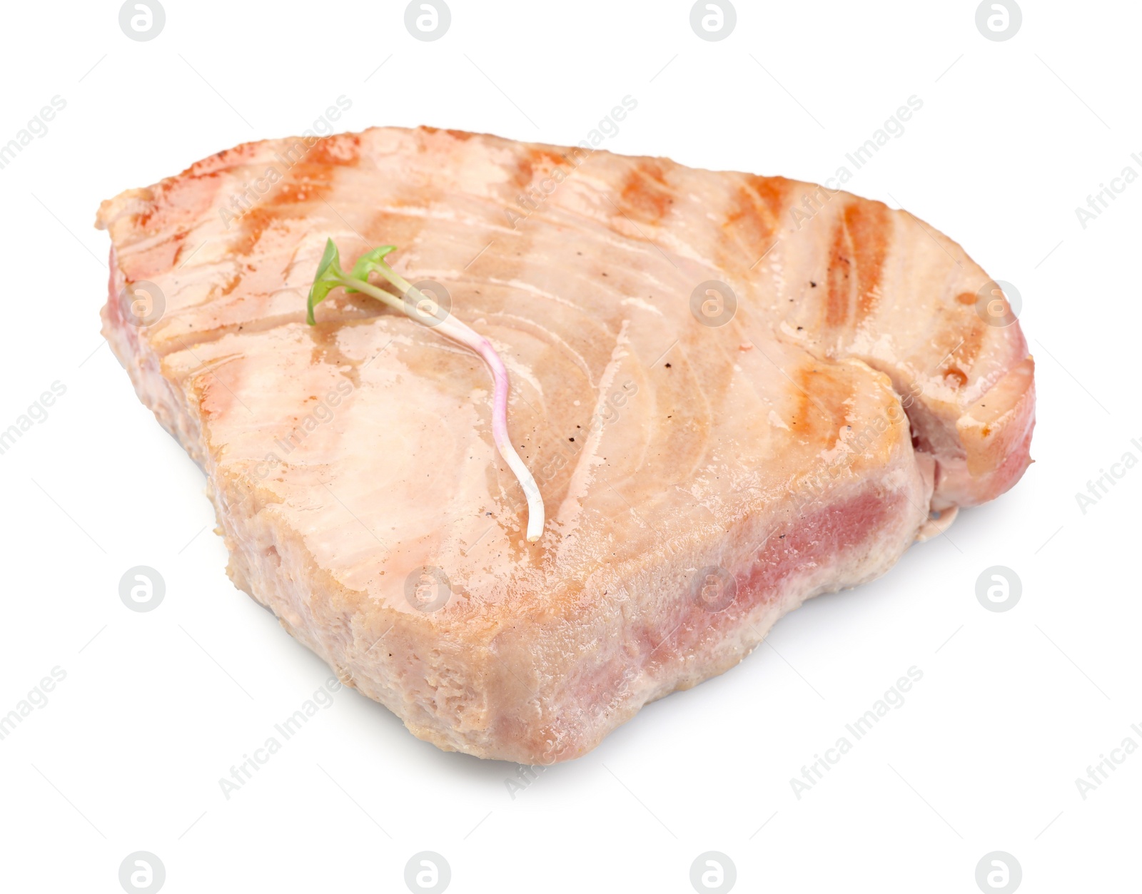 Photo of Delicious tuna steak with microgreen isolated on white