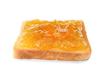 Toast with tasty orange jam on white background