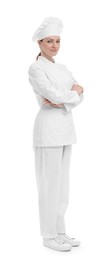 Woman chef in uniform on white background