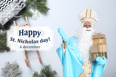 Image of Greeting card design. Saint Nicholas with presents 