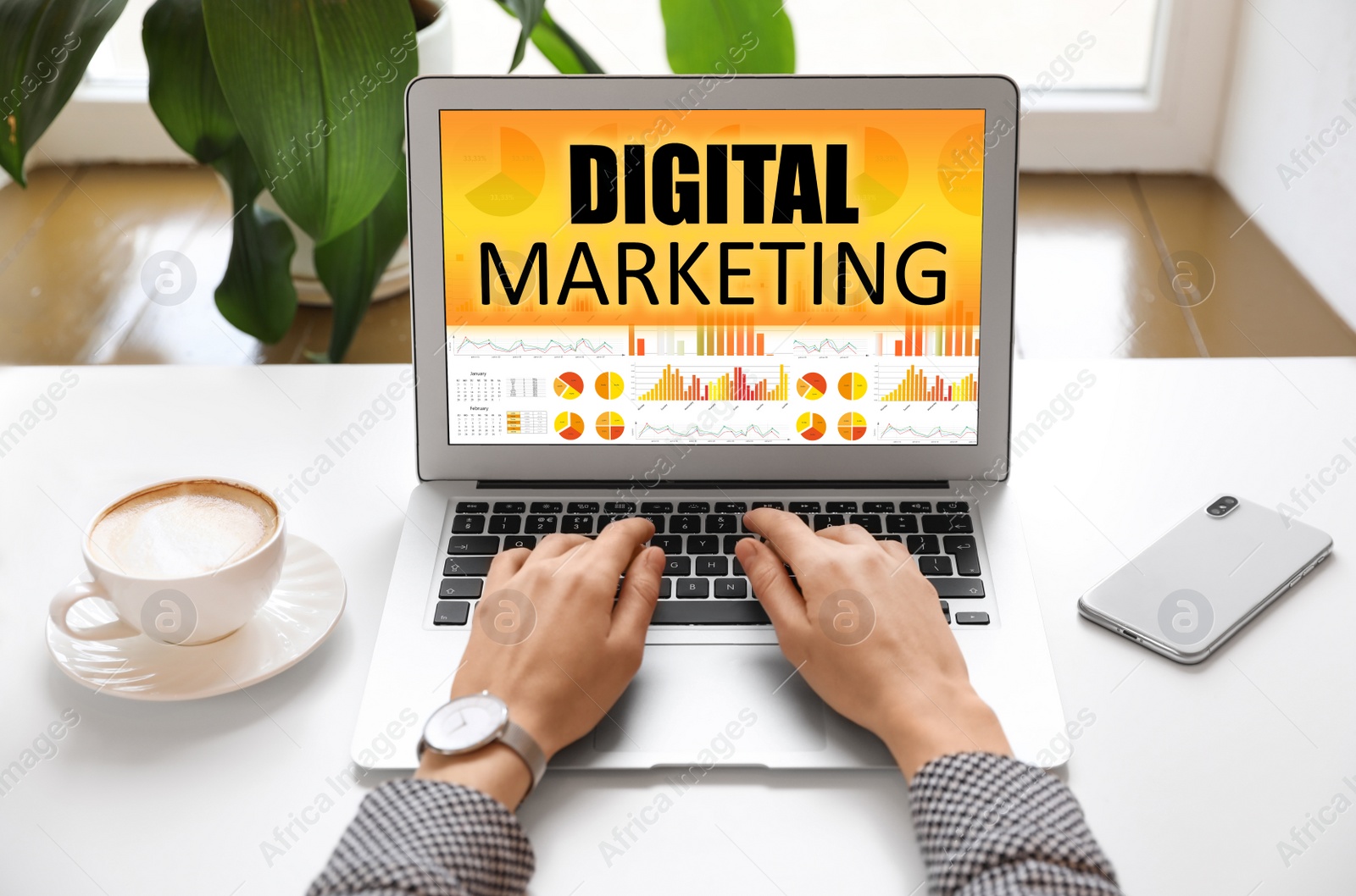 Image of Digital marketing concept. Woman working with laptop at table indoors, closeup