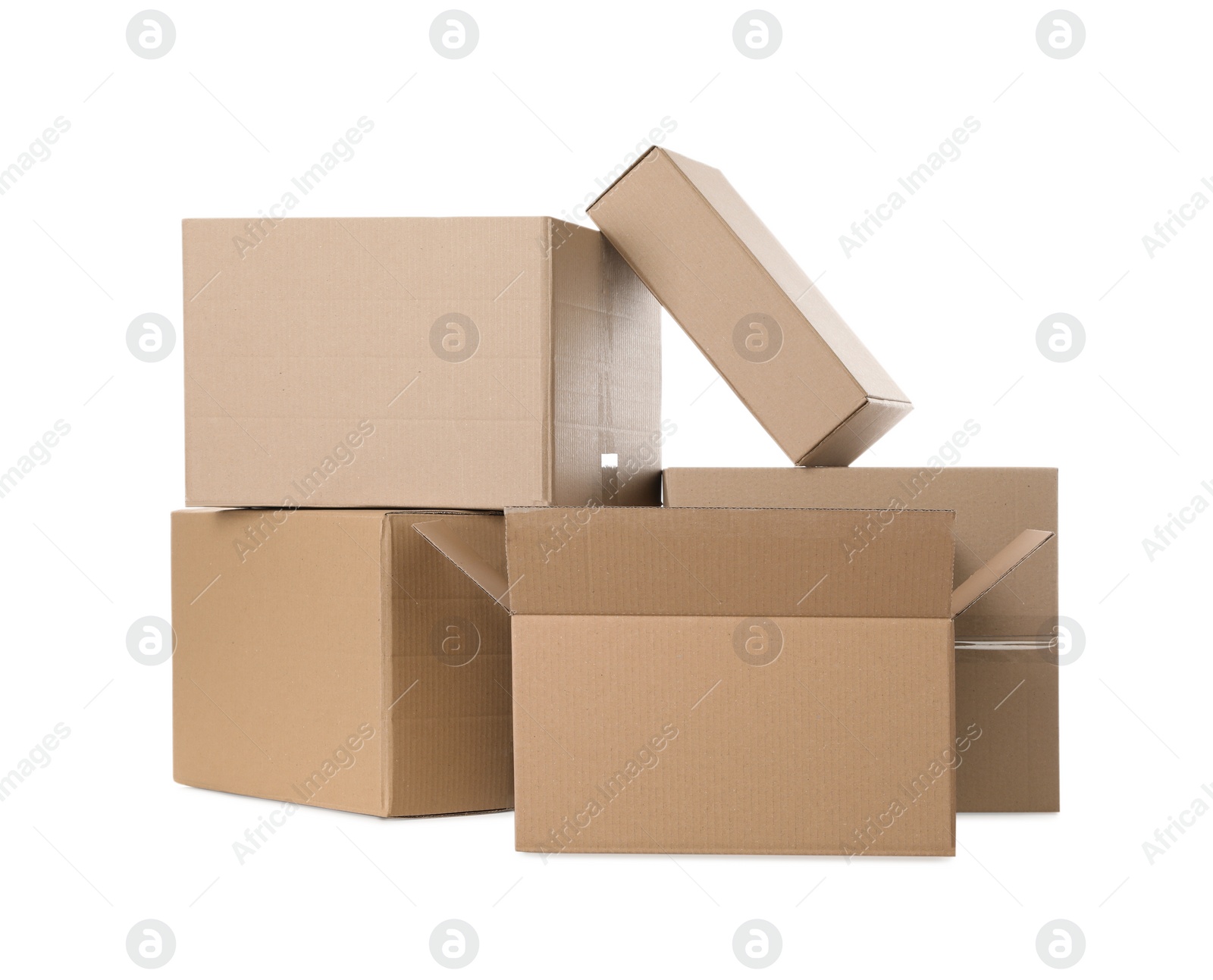 Photo of Pile of cardboard boxes on white background