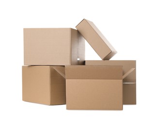 Photo of Pile of cardboard boxes on white background