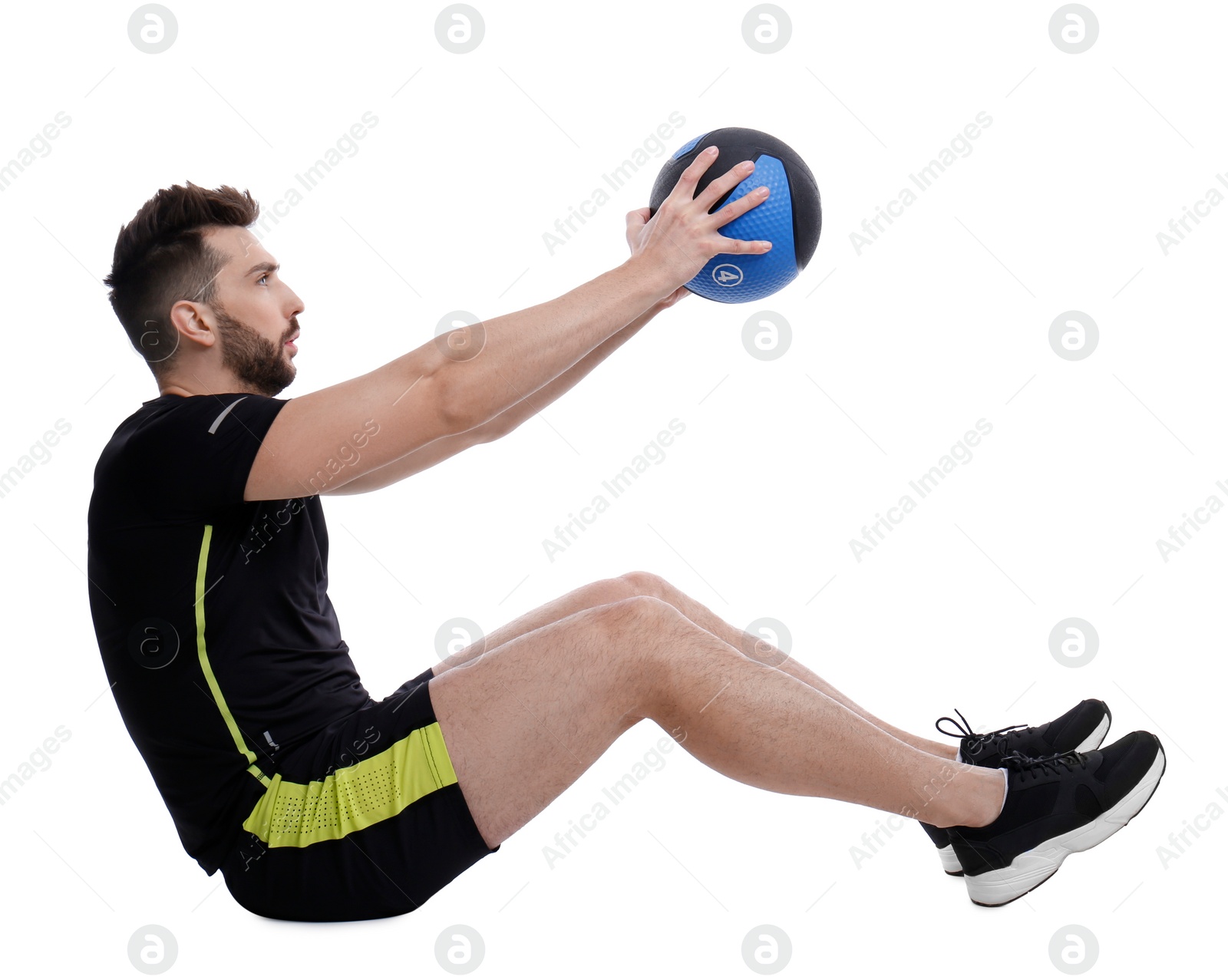 Photo of Athletic man doing exercise with medicine ball isolated on white