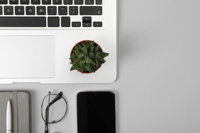 Modern laptop, stationery, glasses, houseplant and smartphone on light grey table, flat lay. Space for text