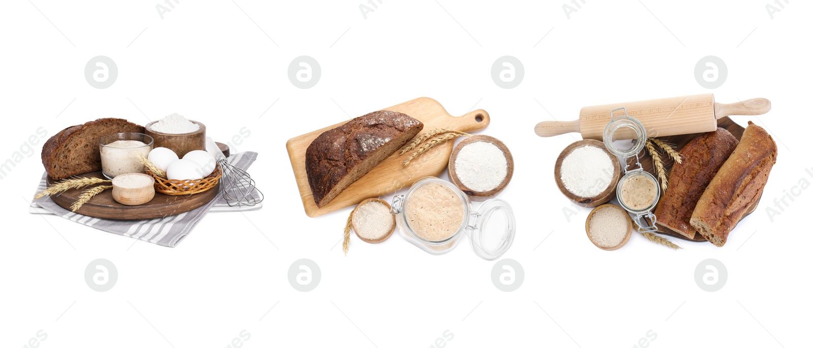 Image of Collage with sourdough starter and different freshly baked bread isolated on white. Leavening agent