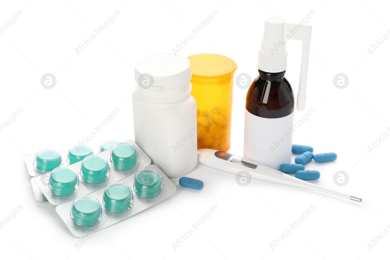 Photo of Pills and drugs for cold on white background