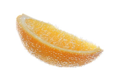 Photo of Slice of orange in sparkling water on white background. Citrus soda