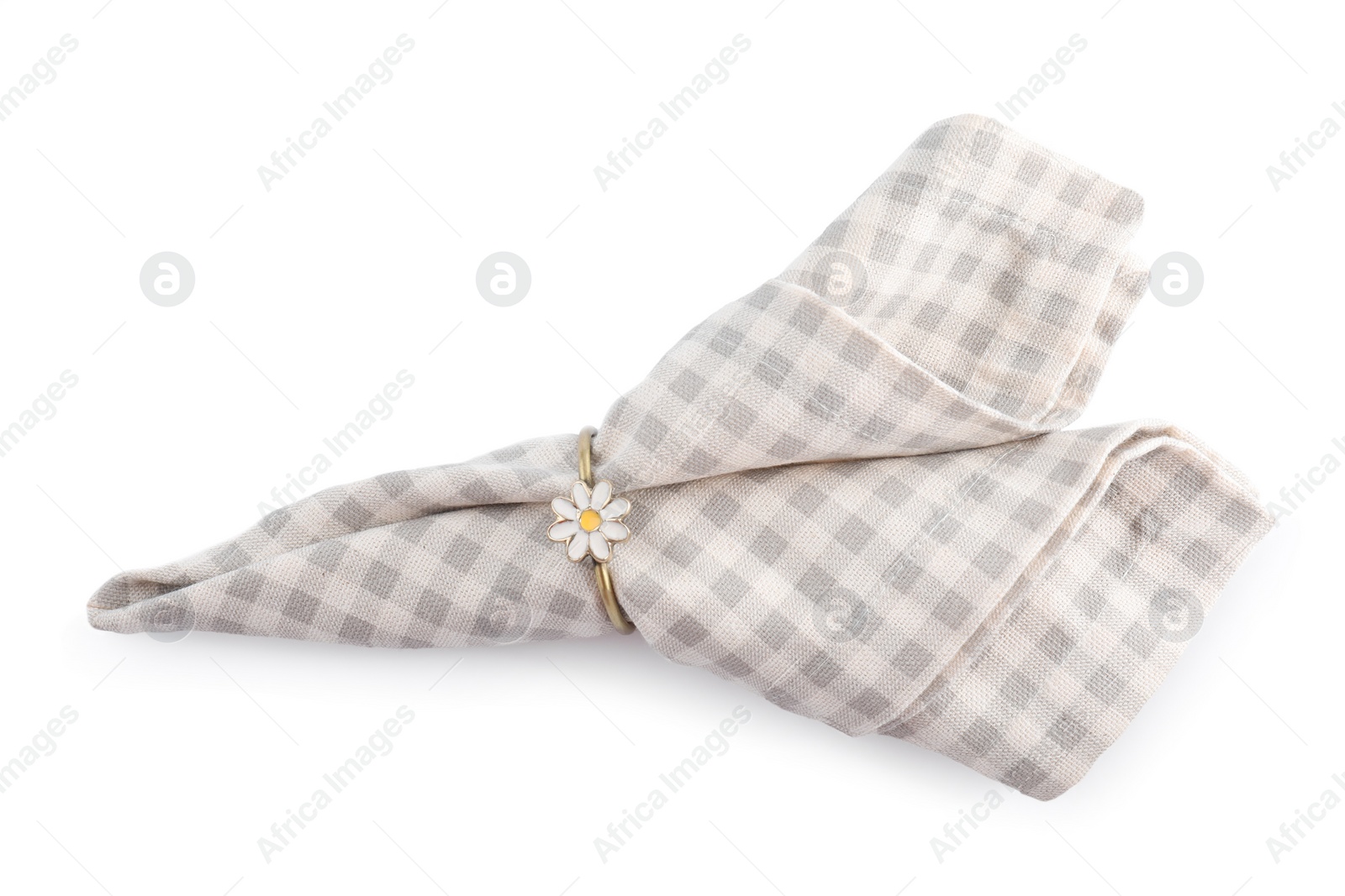 Photo of Napkin with decorative ring for table setting isolated on white, top view