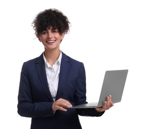 Photo of Beautiful businesswoman in suit with laptop on white background