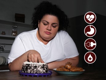 Virtual icons demonstrating different health problems and overweight woman eating cake in kitchen