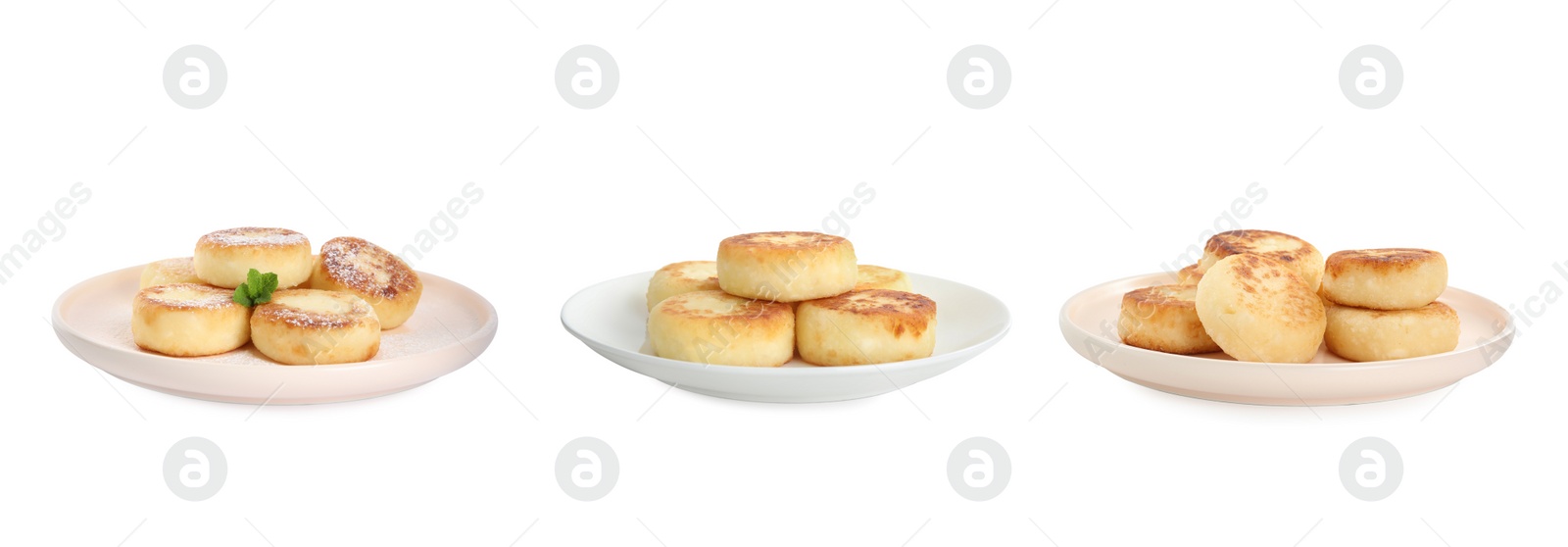 Image of Set with delicious cottage cheese pancakes on white background. Banner design