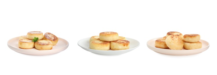 Set with delicious cottage cheese pancakes on white background. Banner design