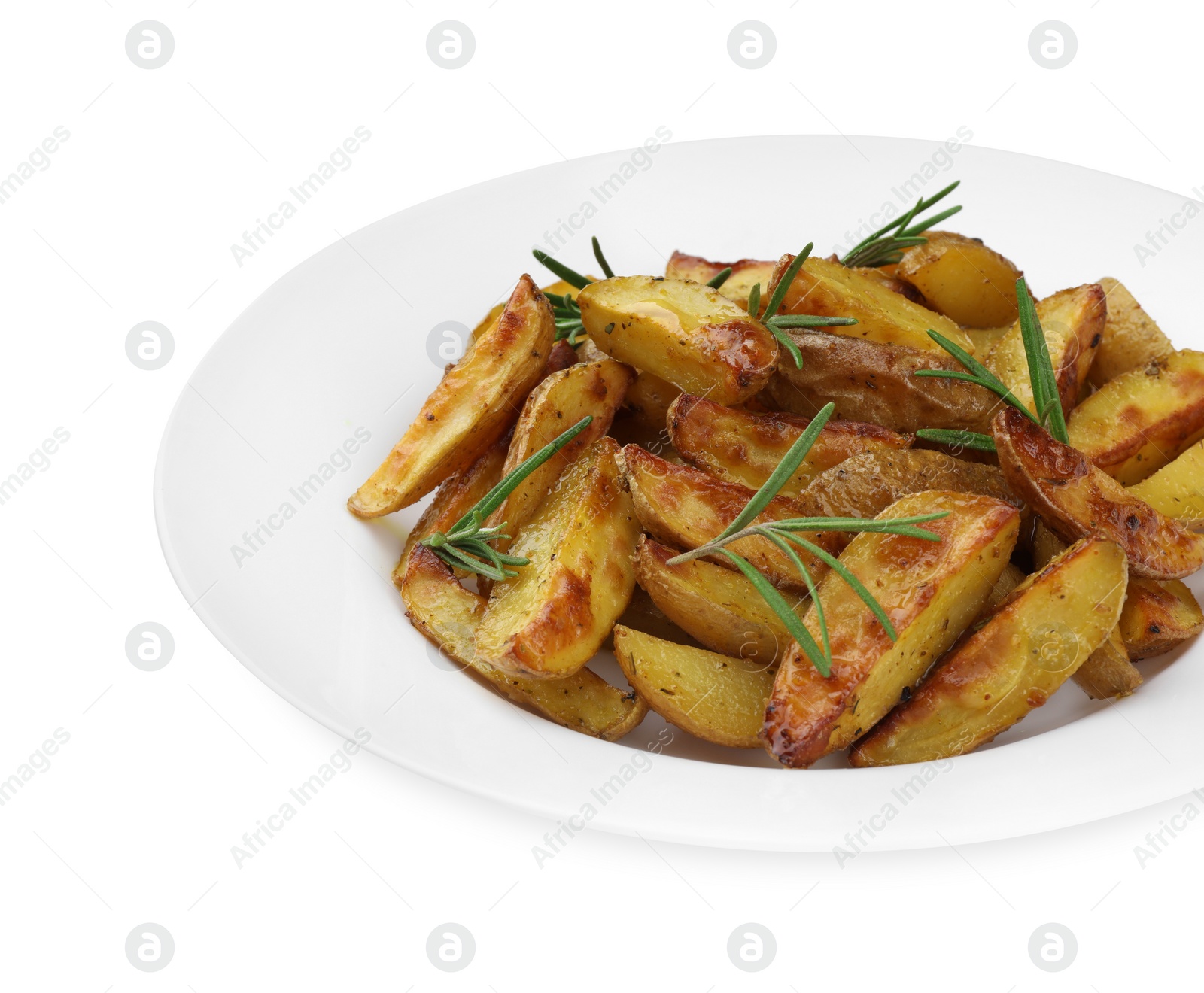 Photo of Delicious baked potatoes with rosemary isolated on white