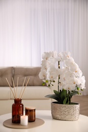 Photo of Beautiful orchid and air reed freshener on table indoors. Interior design