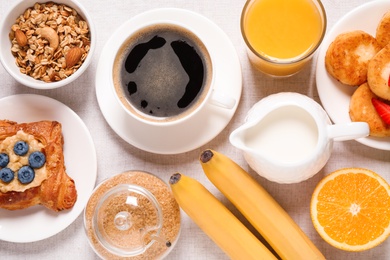 Buffet service. Tasty breakfast served on table, flat lay