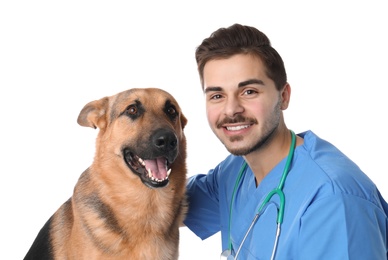 Photo of Veterinarian doc with dog on white background