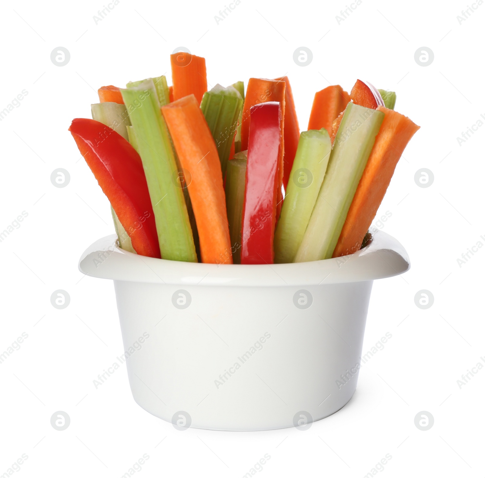 Photo of Celery and other vegetable sticks in bowl isolated on white