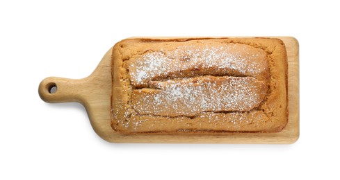 Photo of Delicious homemade yogurt cake with powdered sugar on white background, top view