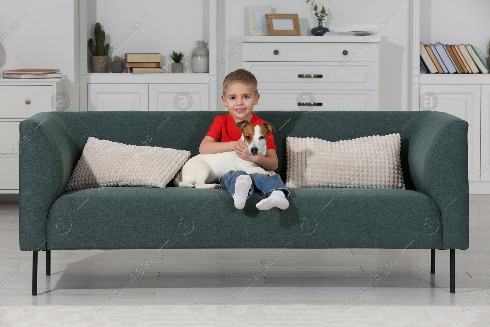 Photo of Little boy with his cute dog on sofa at home. Adorable pet