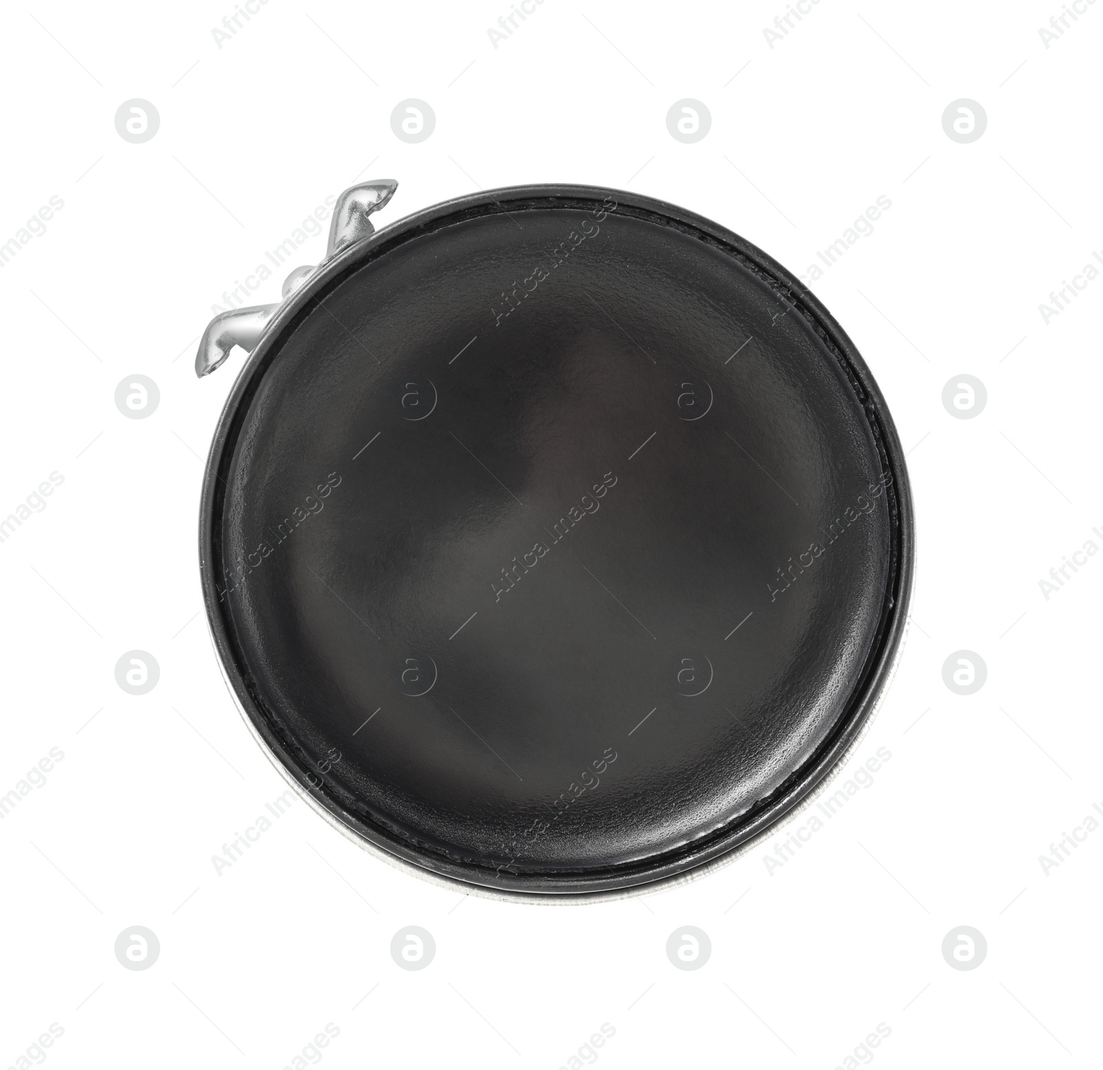 Photo of Can of shoe polish on white background, top view. Footwear care item