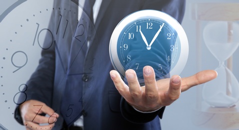 Image of Time management concept. Multiple exposure with man and clocks, closeup